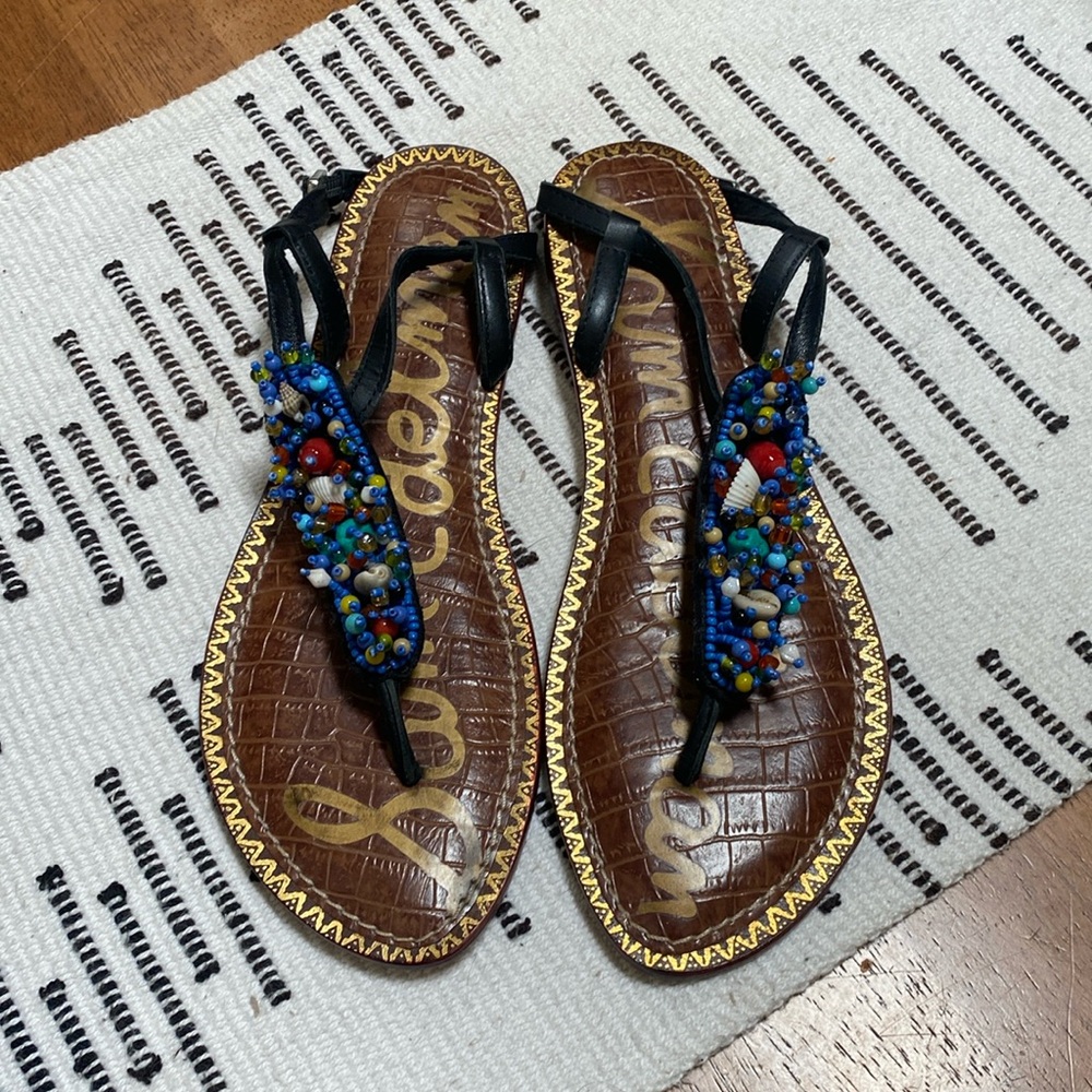 Sam Edelman Gabrielle Sandal Beaded Flat Thong Leather Buckle Slip On Slide